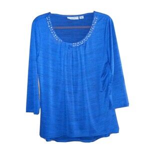 Sag Harbor Womens M Boho Embellishment Bling Studs Peasant 3/4 Sleeve Blue Top